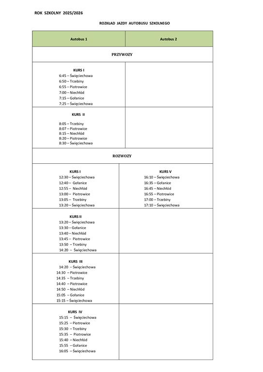 Rozkład jazdy autobusu szkolnego w roku szkolnym 2025 2026 ZMIANA OD STYCZNIA 2026 R. Copy